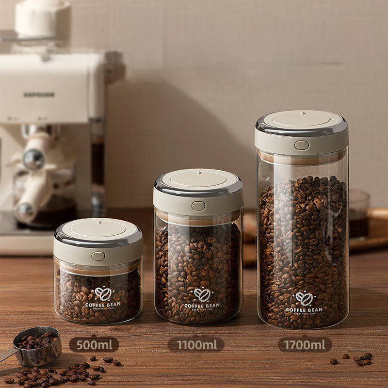 Food Storage Glass Containers - 500/1100/1700ml Coffee Beans Vacuum Sealed Tank